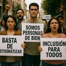 Crea una imagen con inmigrantes latinos en una marcha luchando por sus derechos con pancartas que digan BASTA DE ESTIGMATIZAR SOMOS PERSONAS DE BIEN INCLUSION PARA TODOS Todo en espaol