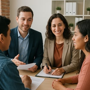 Imagen de asesores y migrantes latinos brindando asesoria Imagen de asesores y migrantes latinos brindando asesoria