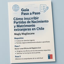The image depicts a closeup of a document titled Gua Paso a Paso Cmo inscribir Partidas de Nacimiento y Matrimonio extranjeras en Chile prominently featuring the authors name Magly Magliacane in a bold font The background is a soft gradient of light-1