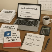 The image depicts a wellorganized desk cluttered with various documents related to immigration and residency in Chile On the left side a neatly stacked pile of papers includes forms guidelines and a colorful brochure titled Gua para la Nacionalizacin-1